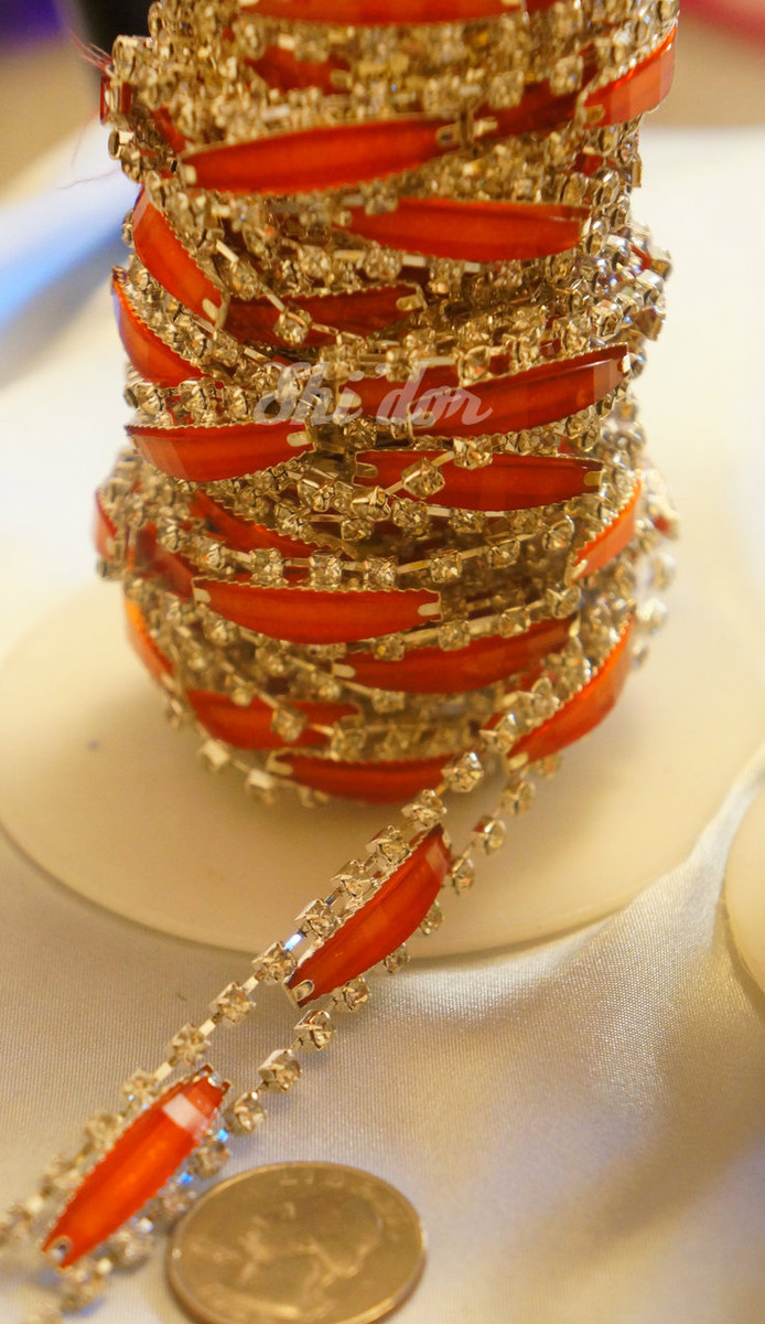 Rhinestone Trim -  Orange Rectangle Diamond Trim - Per Yard