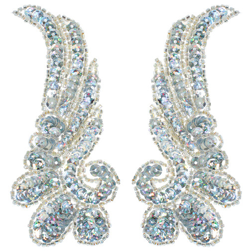 4.5x11cm Sequin Bead  Wing Motiff - Silver Pair