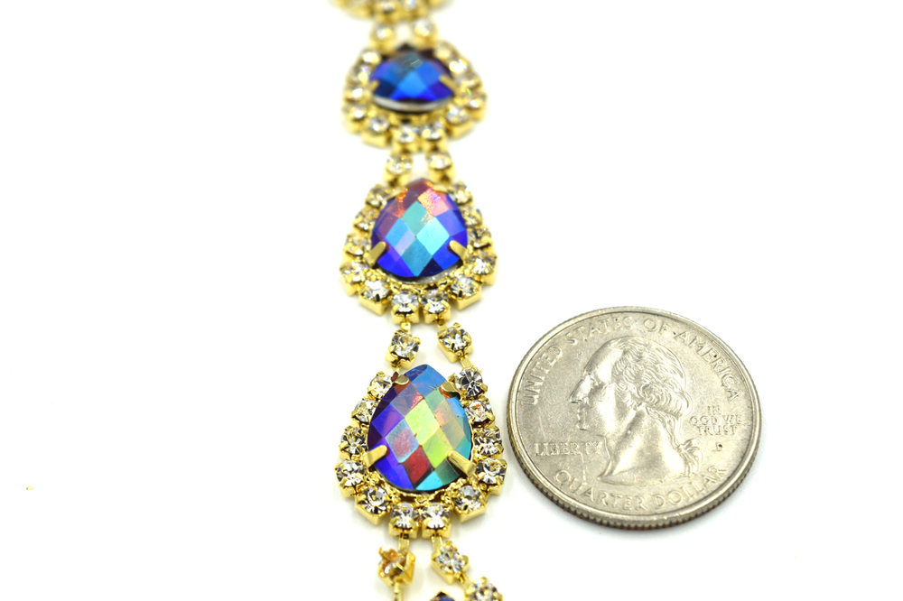 Rhinestone Pear Trim - Purple AB/Gold Base - Per Yard