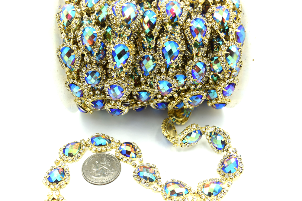 Rhinestone Pear Trim -  Purple AB/Gold Base - Per Yard image
